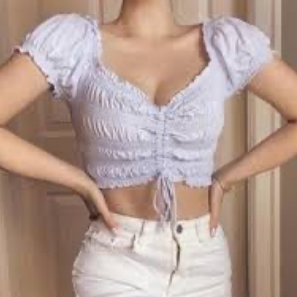 GARAGE Delicate soft pale sheer light Lavender Ruched Crop Top 4 - Picture 4 of 6